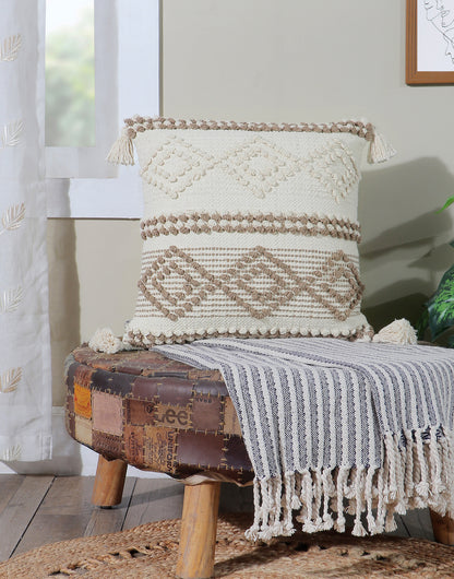 Neutral Boho Cushion Cover with Tassels Beige and White Textured Design