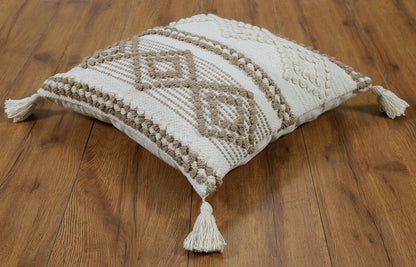 Neutral Boho Cushion Cover with Tassels Beige and White Textured Design