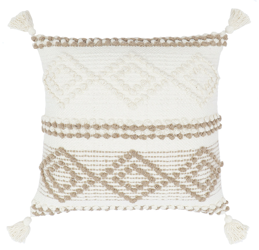 Neutral Boho Cushion Cover with Tassels Beige and White Textured Design