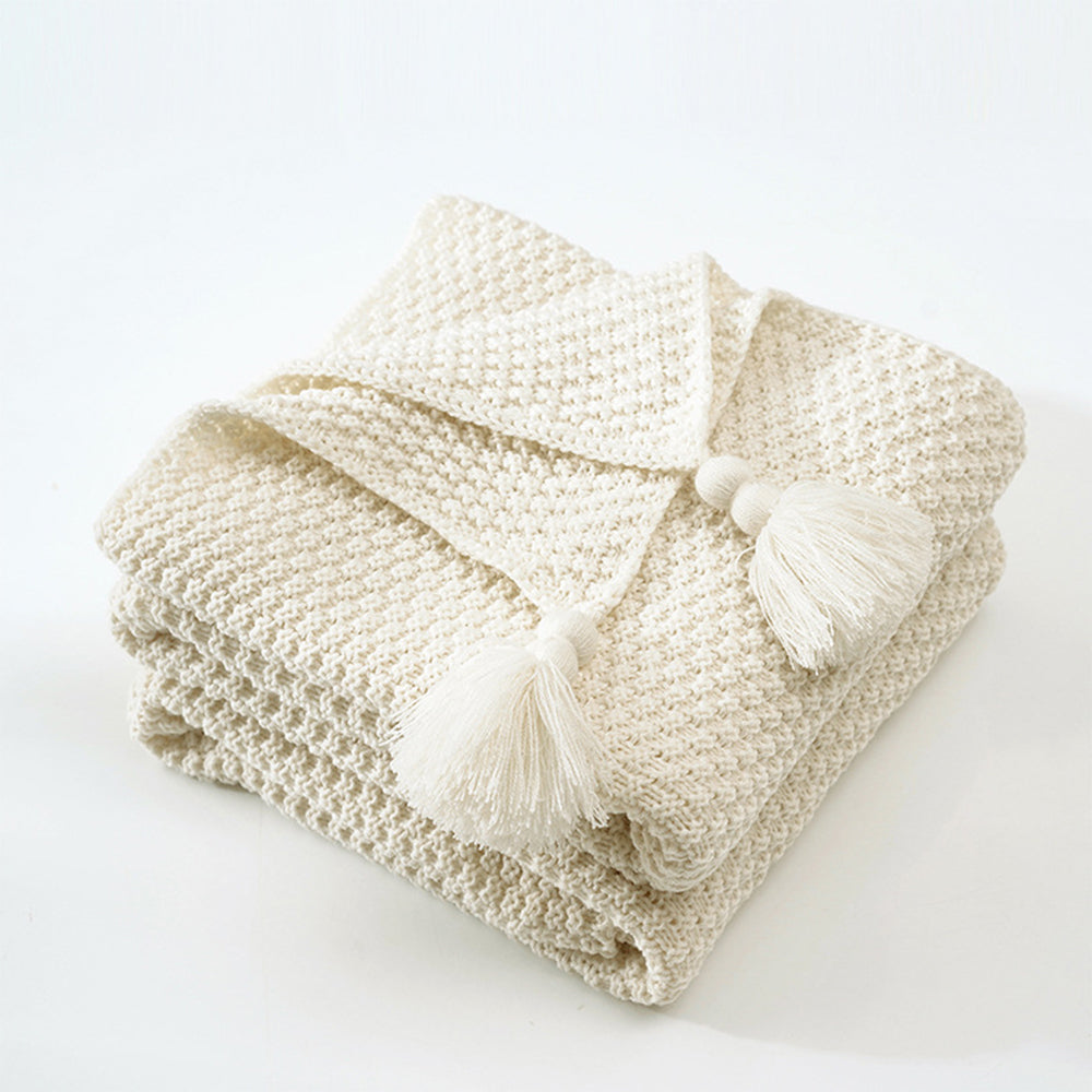 Ivory Nordic Solid Colour Tassel Knitted Blanket Throw