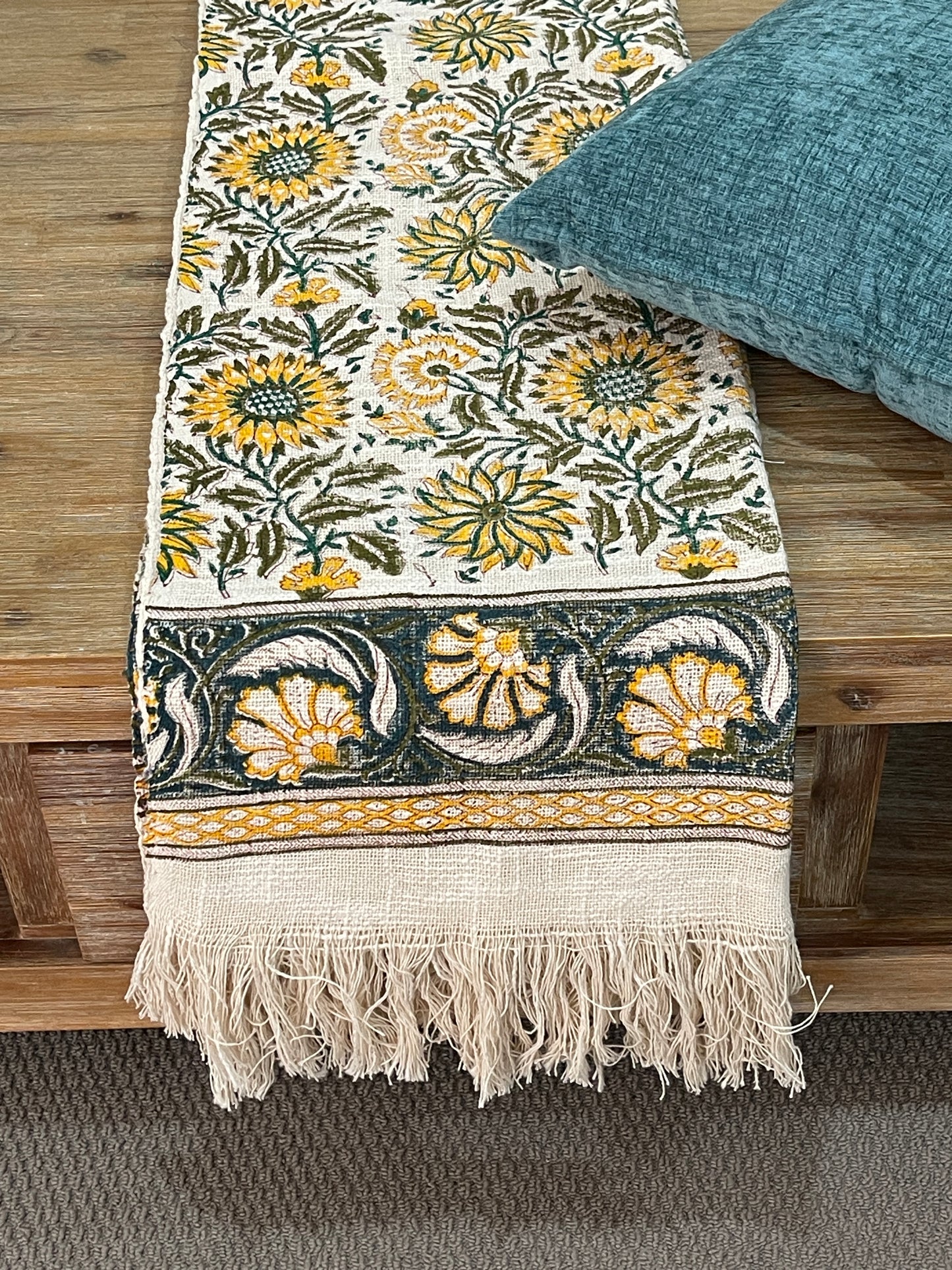 Bohemian Cotton Handmade Yellow Teal Floral Bedding Throw Blanket - Adore India   