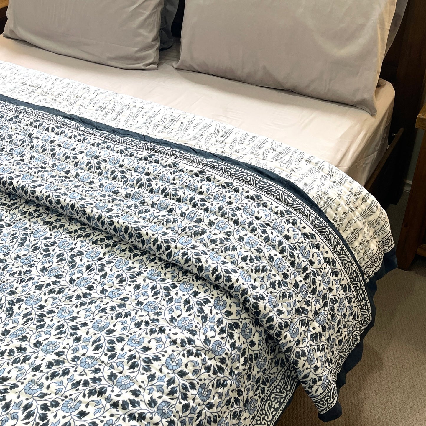 Bohemian Hand Block Hand Printed Cotton Indigo Feather Quilt Bedspread - Adore India   