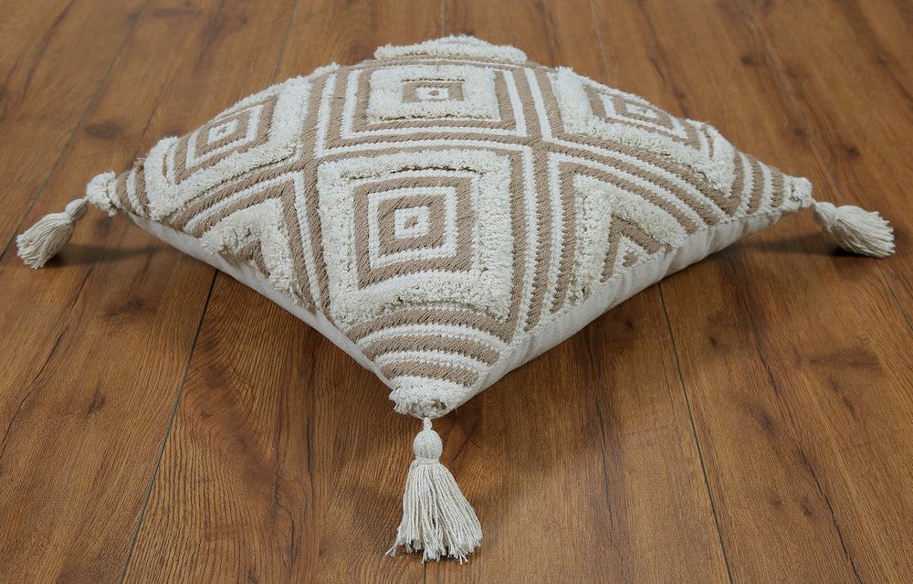 Beige and White Boho Cushion Cover - Diamond Geometric Pattern with Tassels