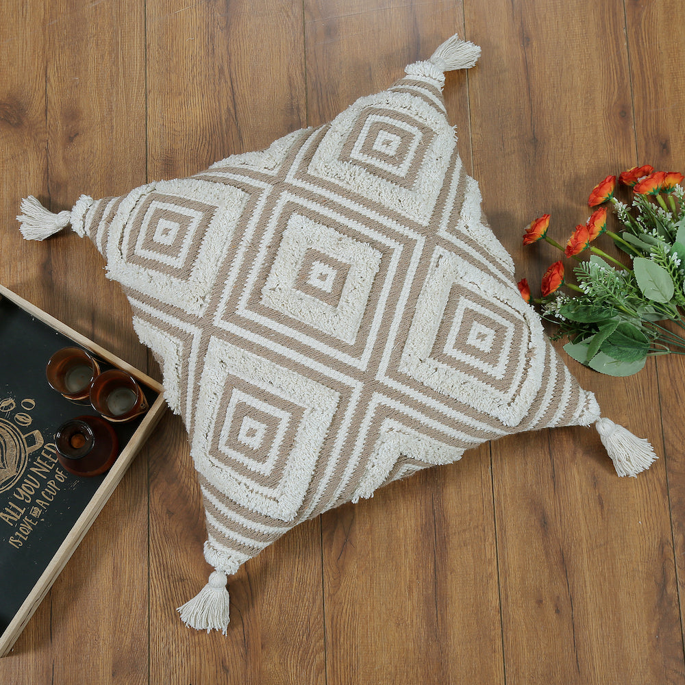 Beige and White Boho Cushion Cover - Diamond Geometric Pattern with Tassels