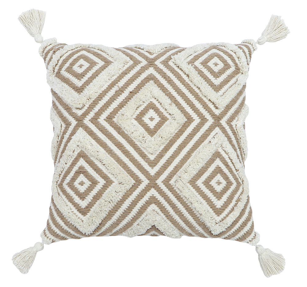 Beige and White Boho Cushion Cover - Diamond Geometric Pattern with Tassels