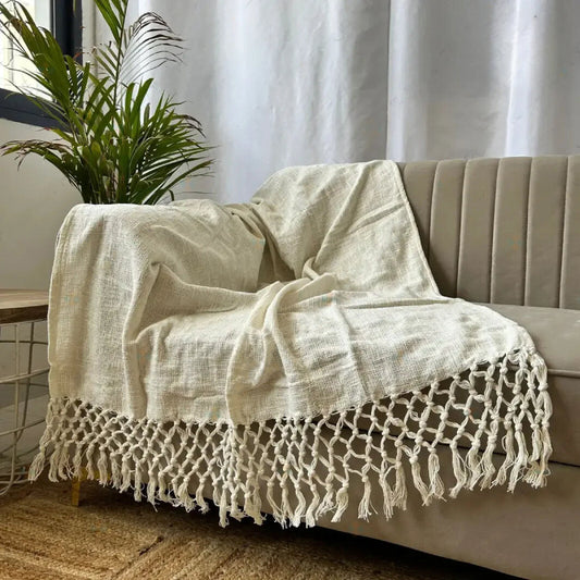 Bohemian Beige Cotton Bedding Throw Blanket