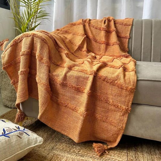 Bohemian Comfort Rust Cotton Bedding Tufted Throw Blanket