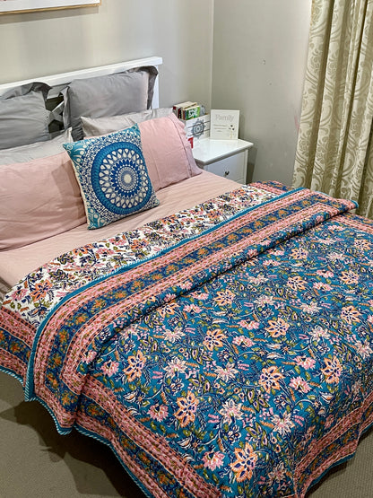 Blue Mystic Floral Cotton Padded Kantha Bedspread Quilt Comforter