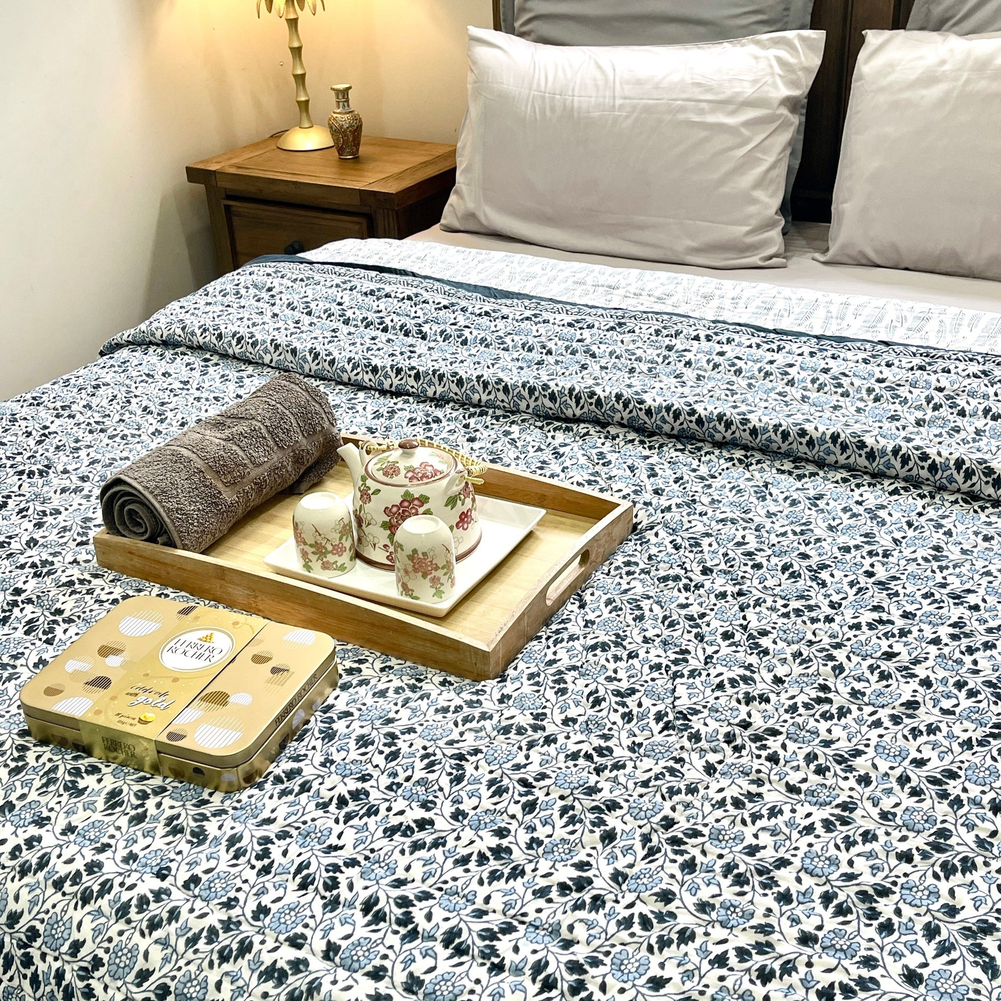 Bohemian Hand Block Hand Printed Cotton Indigo Feather Quilt Bedspread - Adore India   