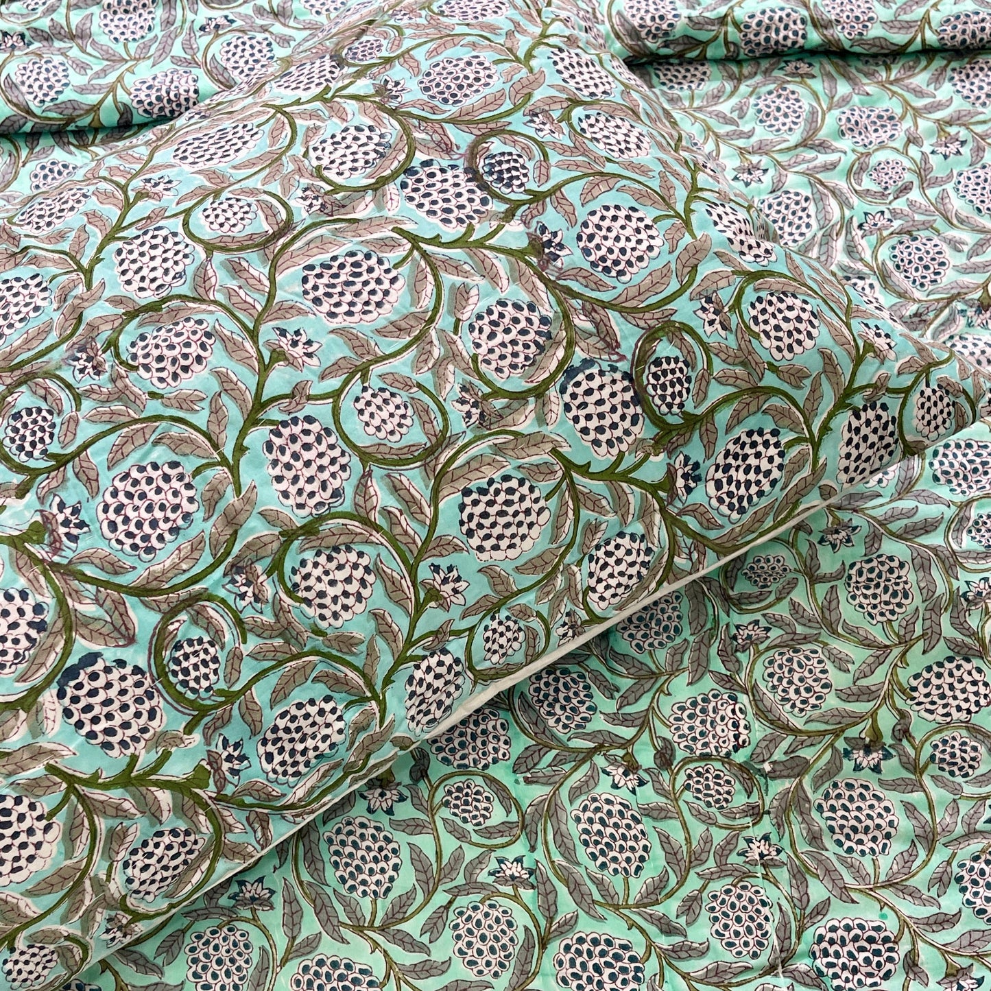 Hand Block Hand Printed Cotton Turquoise Floral Quilt Bedspread Set