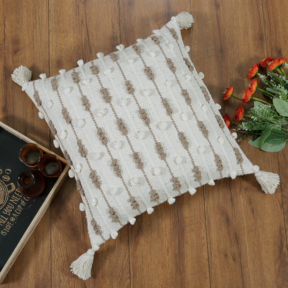 Boho Cushion Cover with Beige and White Dotted Texture Tassel Detailing