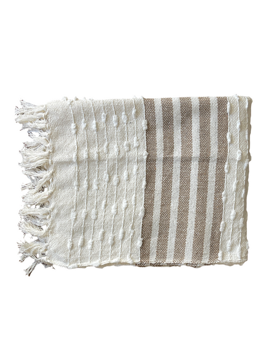 Bohemian Natural Brown Stripe Cotton Bedding Tufted Throw Blanket - Adore India   