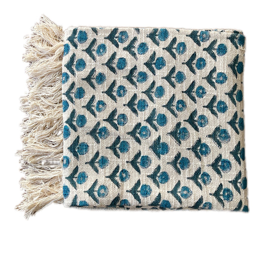 Bohemian Hand Block Blue Bud Cotton Bedding Blanket Throw - Adore India   