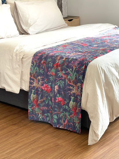 Handmade Blue Bird of Prey Cotton Reversible  Kantha Quilt Bedspread Throw - Adore India   