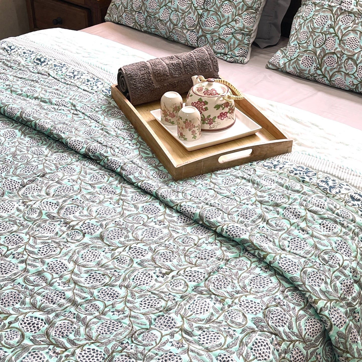 Hand Block Hand Printed Cotton Turquoise Floral Quilt Bedspread Set