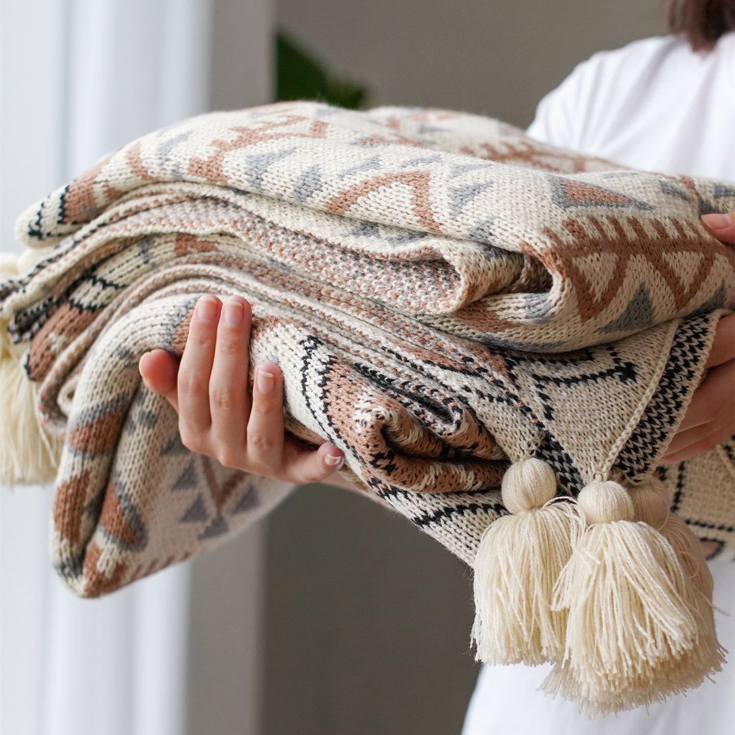 Bohemian Geometrical Acrylic Knitted Shawl Blanket - Adore India   