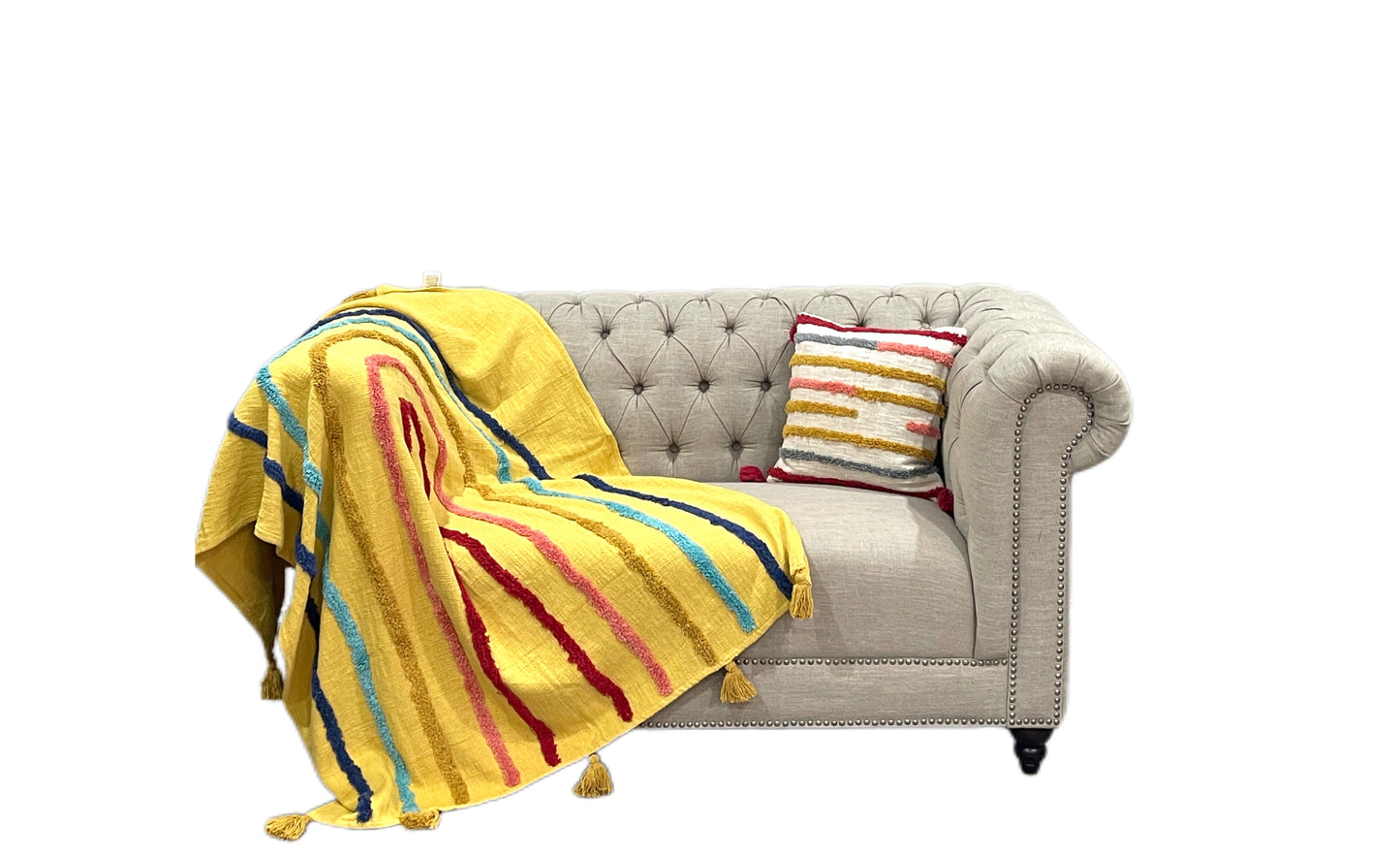 Minimalistic Mustard Rainbow Cotton Tufted Bedding Throw Blanket - Adore India   