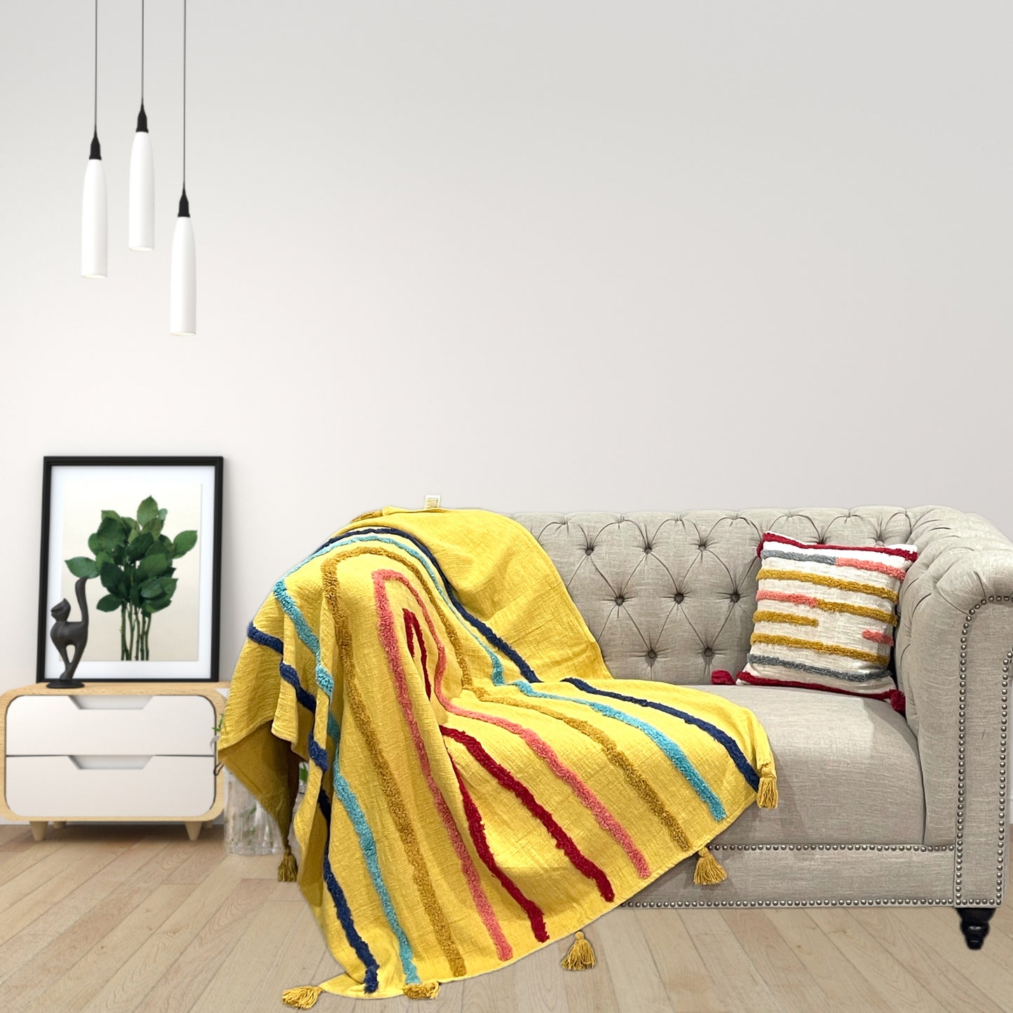 Minimalistic Mustard Rainbow Cotton Tufted Bedding Throw Blanket - Adore India   