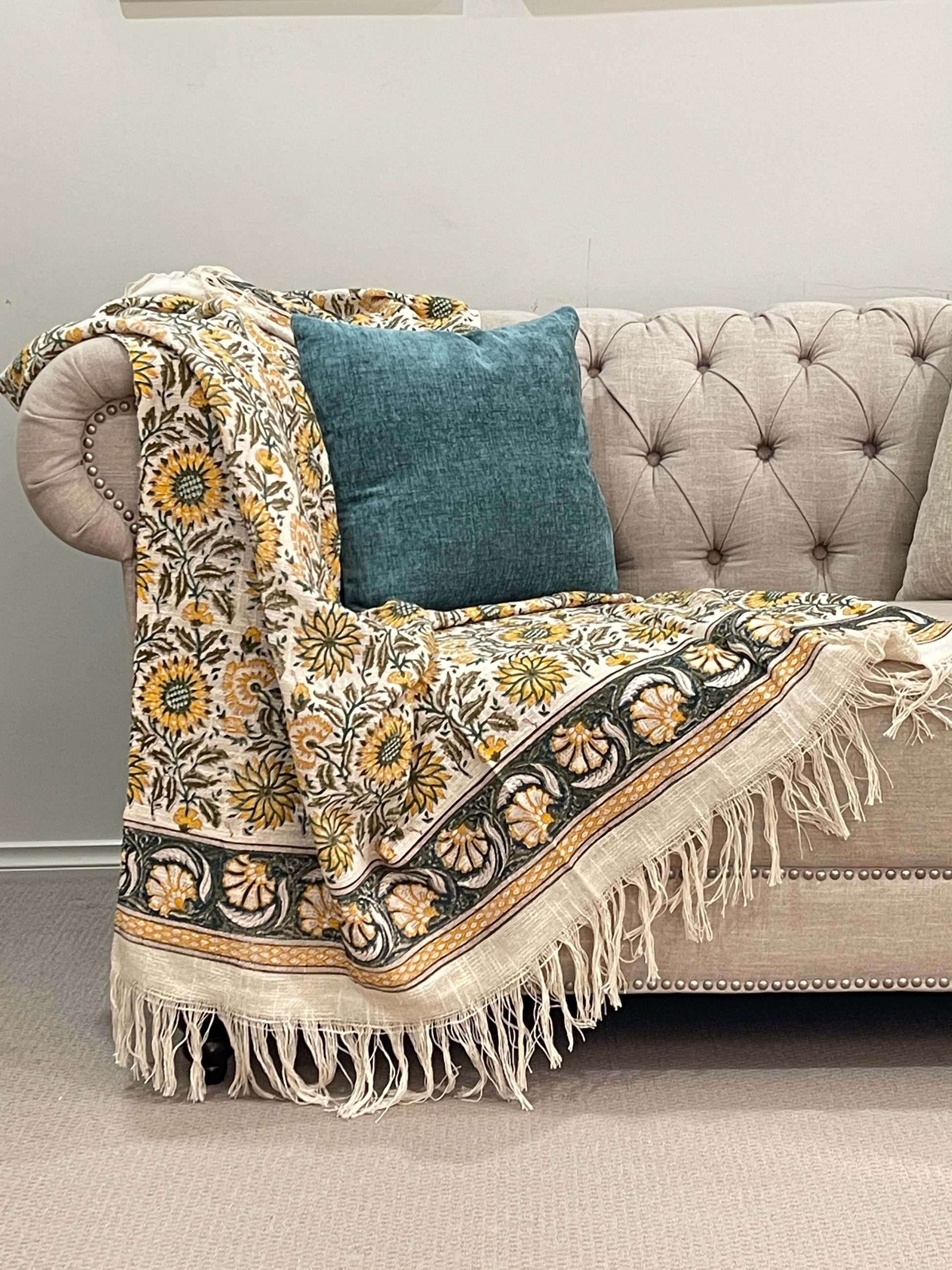 Bohemian Cotton Handmade Yellow Teal Floral Bedding Throw Blanket - Adore India   