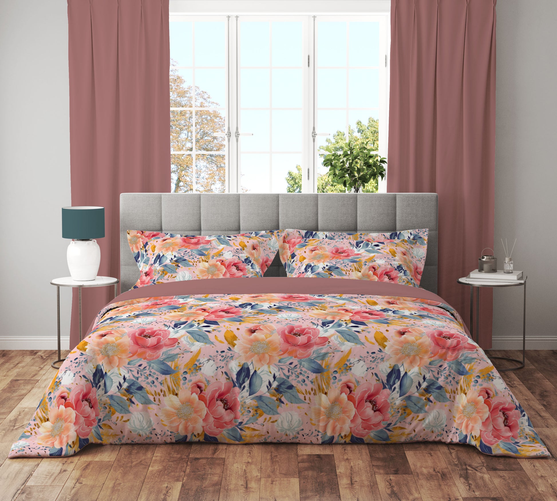 Pink Gold Rose Floral Colourful Quilt Cover Set - Adore India   