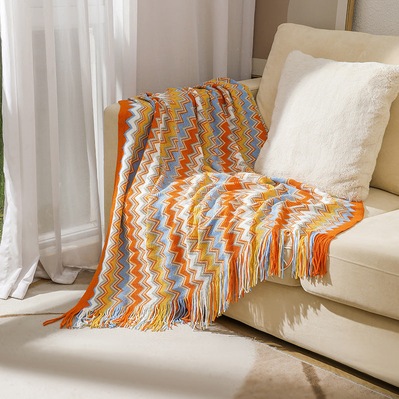 Bohemian Geometrical Zigzag Knitted Blanket Throw