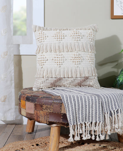 Boho Cushion Cover with Fringe and Geometric Design Beige and White