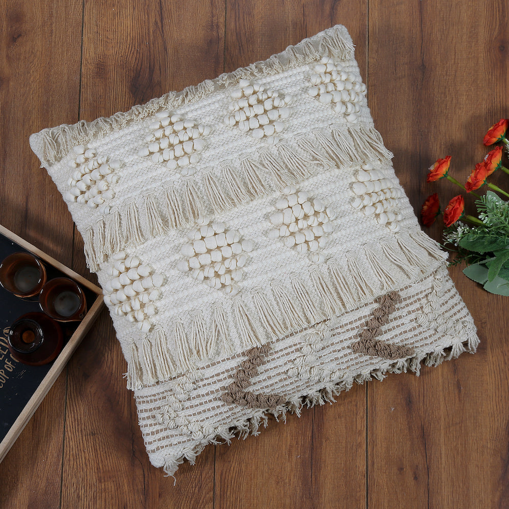 Boho Cushion Cover with Fringe and Geometric Design Beige and White