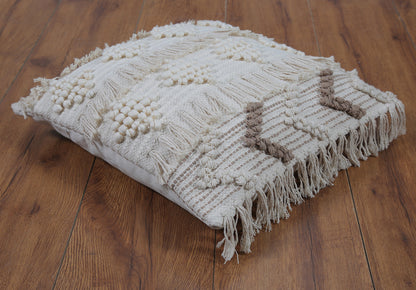 Boho Cushion Cover with Fringe and Geometric Design Beige and White