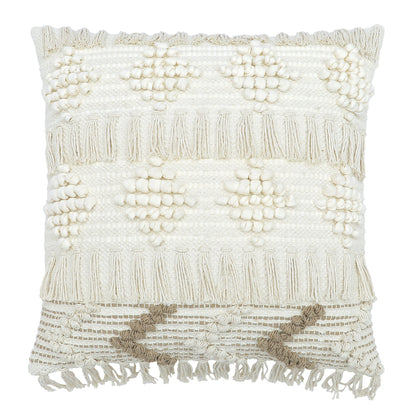 Boho Cushion Cover with Fringe and Geometric Design Beige and White