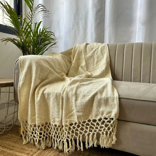 Bohemian Cream Cotton Bedding Throw Blanket