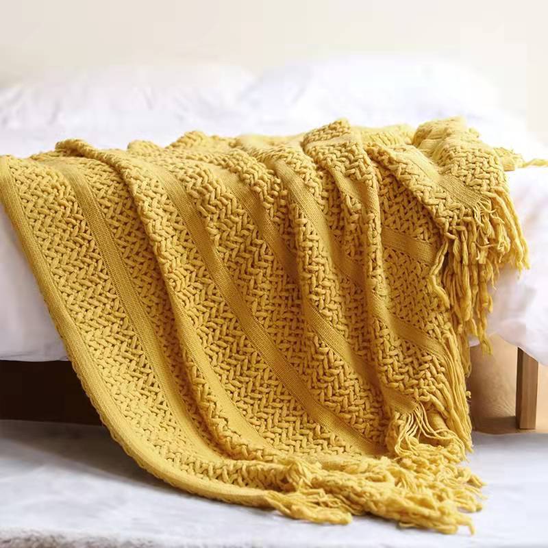 Bohemian Knitted Acrylic Solid Mustard Yellow Bed Sofa Throw Blanket