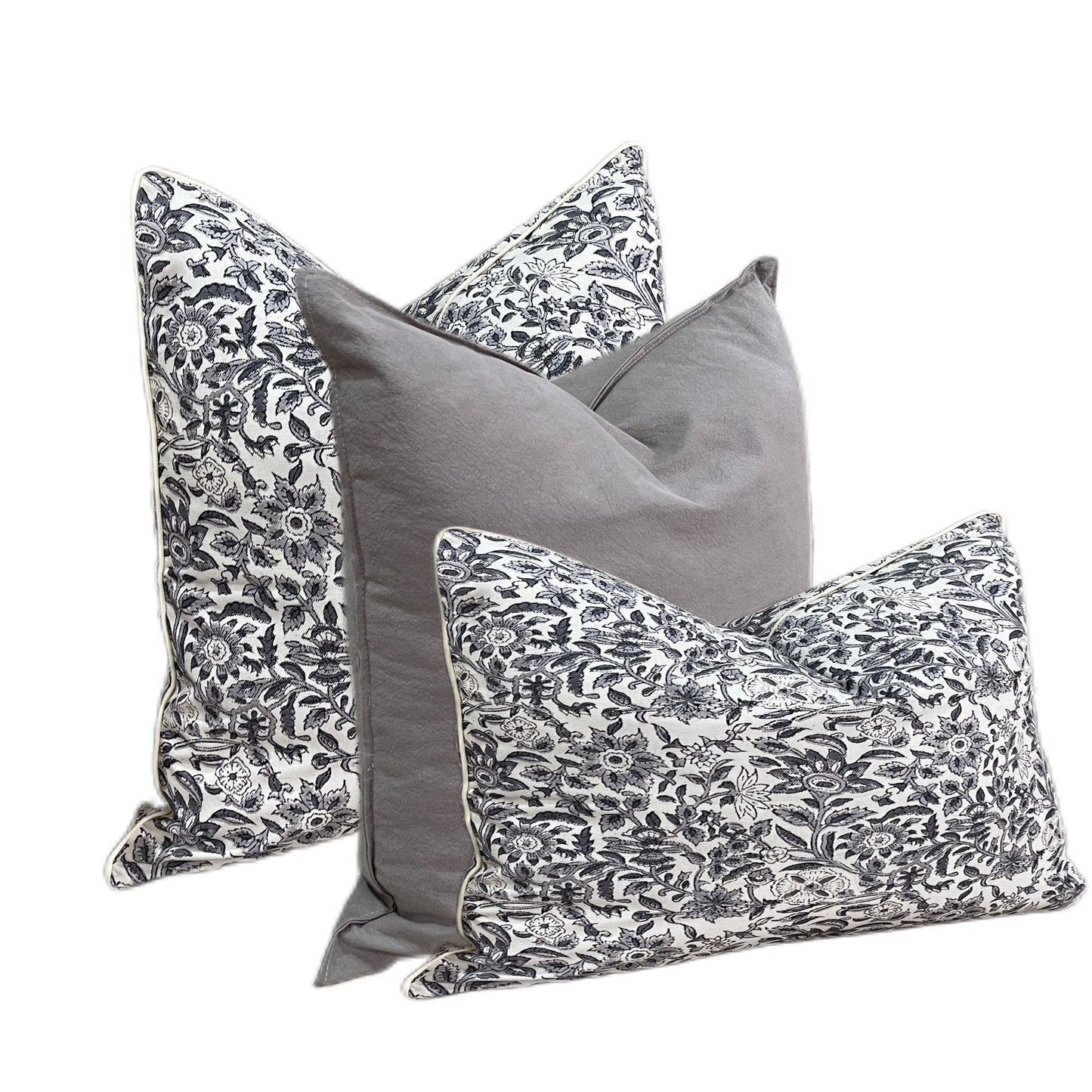 Luxurious Vintage Grey Floral 3 Pcs Cushion Lumbar Pillow Set