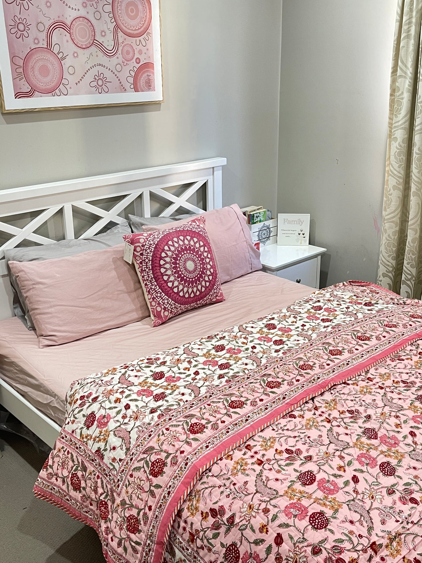 Fruity Pink Floral Cotton Padded Kantha Bedspread Quilt Comforter - Adore India   