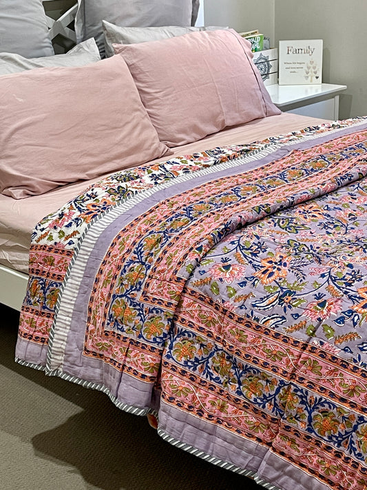 Pink Lilac Floral Cotton Padded Kantha Bedspread Quilt Comforter