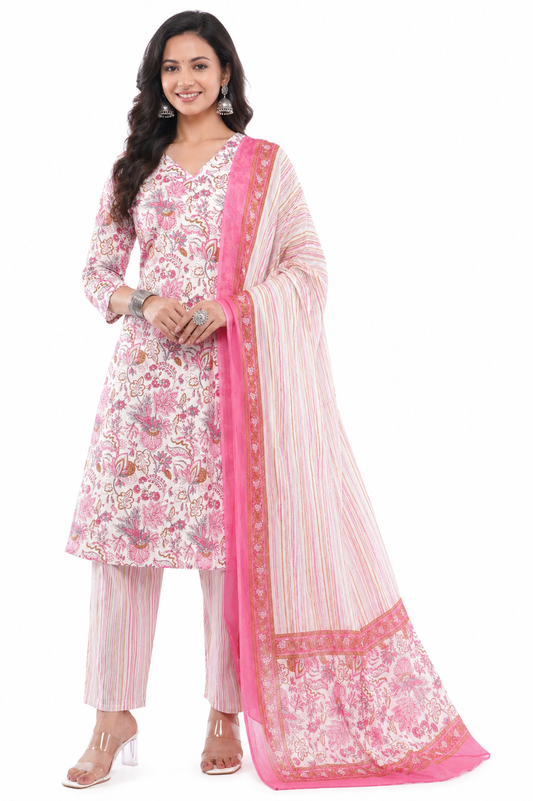 Women Cotton Pink Floral Printed Ethnic 3 Piece Kurta Pant Dupatta Set