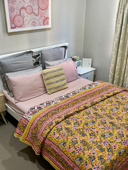 Mustard Pink Floral Cotton Padded Kantha Bedspread Quilt Comforter