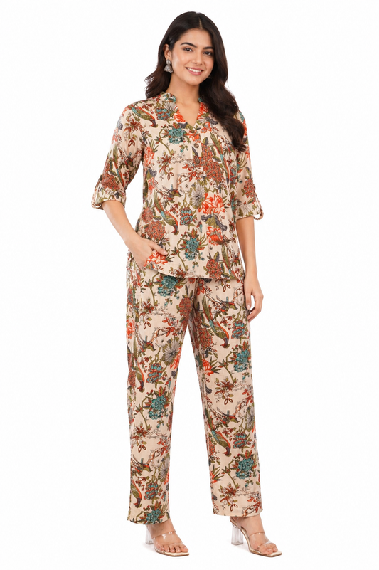 Tropical Beige Floral Printed Women Cotton 2 Piece Co-Ord Set