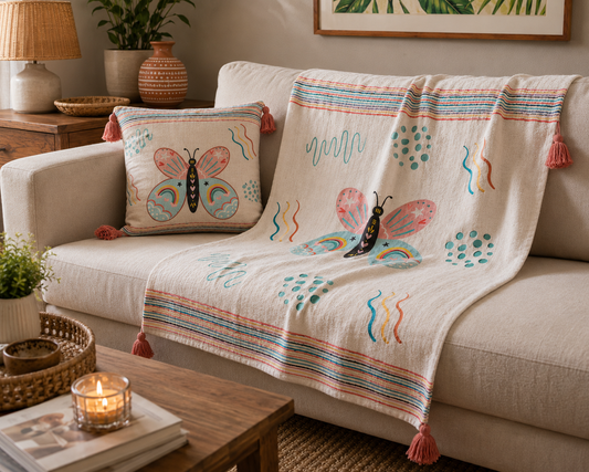 Beige sofa with butterfly-themed blanket and pillow in a cozy living room setting.
