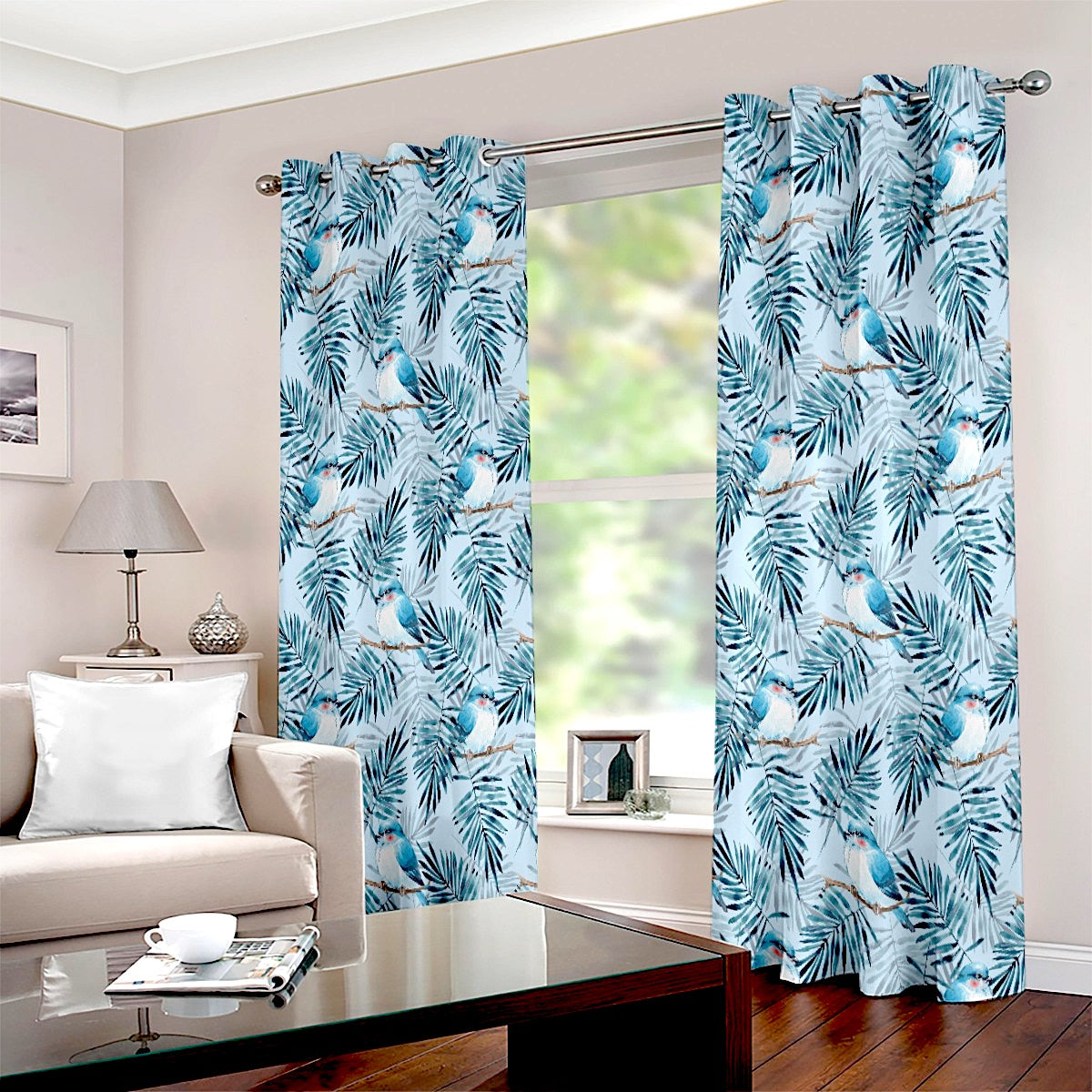 Bird of Prey Blue Bohemian Style Eyelet Curtain