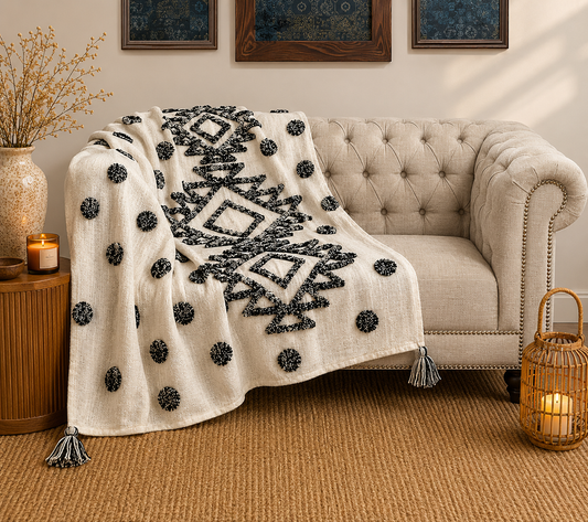 Decorative throw blanket with black patterns draped over a beige sofa in a cozy living room.