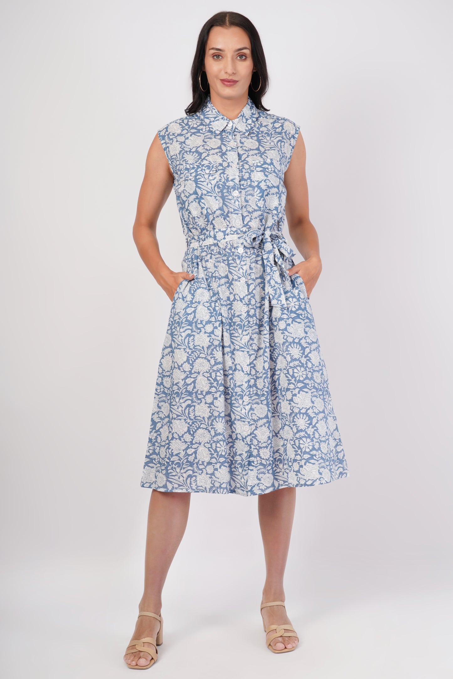 Blue Bell Sleeveless Long Cotton Front Pocket Dress With Belt
