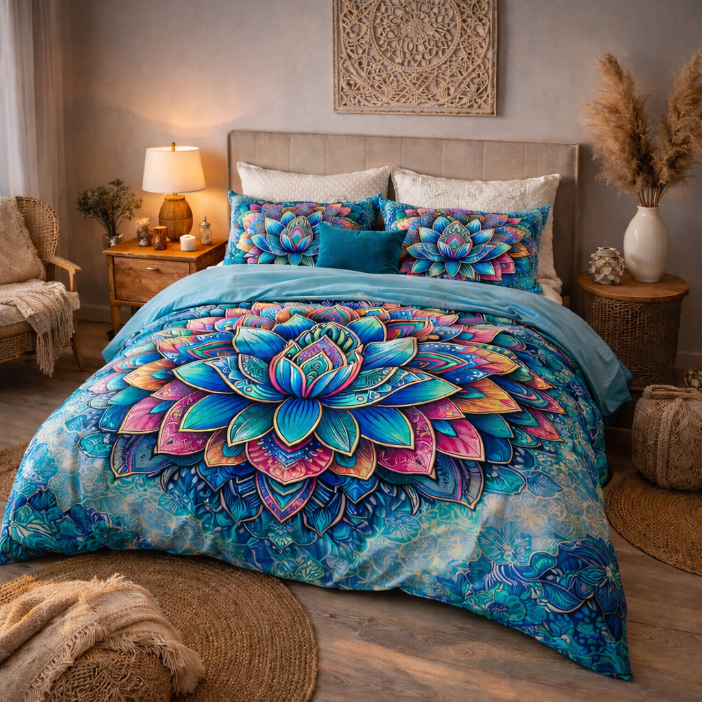 Blue Bohemian Lotus Reversible Quilt Cover Duvet Cover Set
