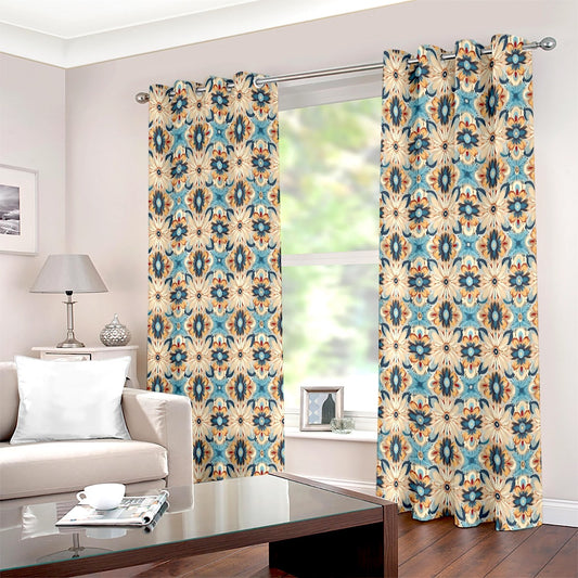 Teal Gold Bohemian Style Floral Printed Curtain Set