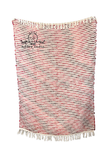 Bohemian Beige Red Stripe Cotton Wool Bedding Tufted Throw Blanket - Adore India   