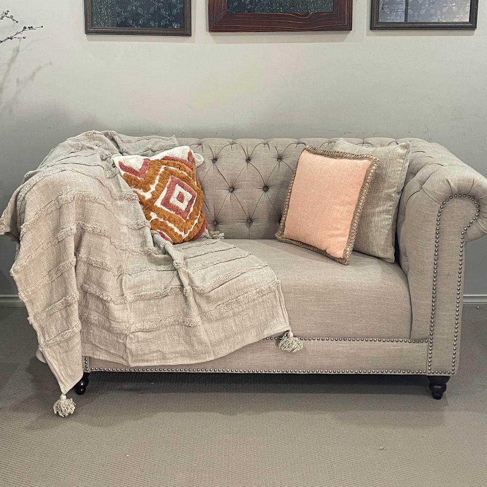 Bohemian Cool Beige Cotton Bedding Tufted Throw Blanket - Adore India   