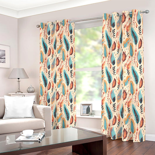 Boho Feather Teal Floral Printed Curtain Set