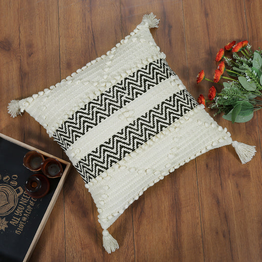 Handmade Tufted Boho Cushion with Tassels  Black and White Zigzag Design