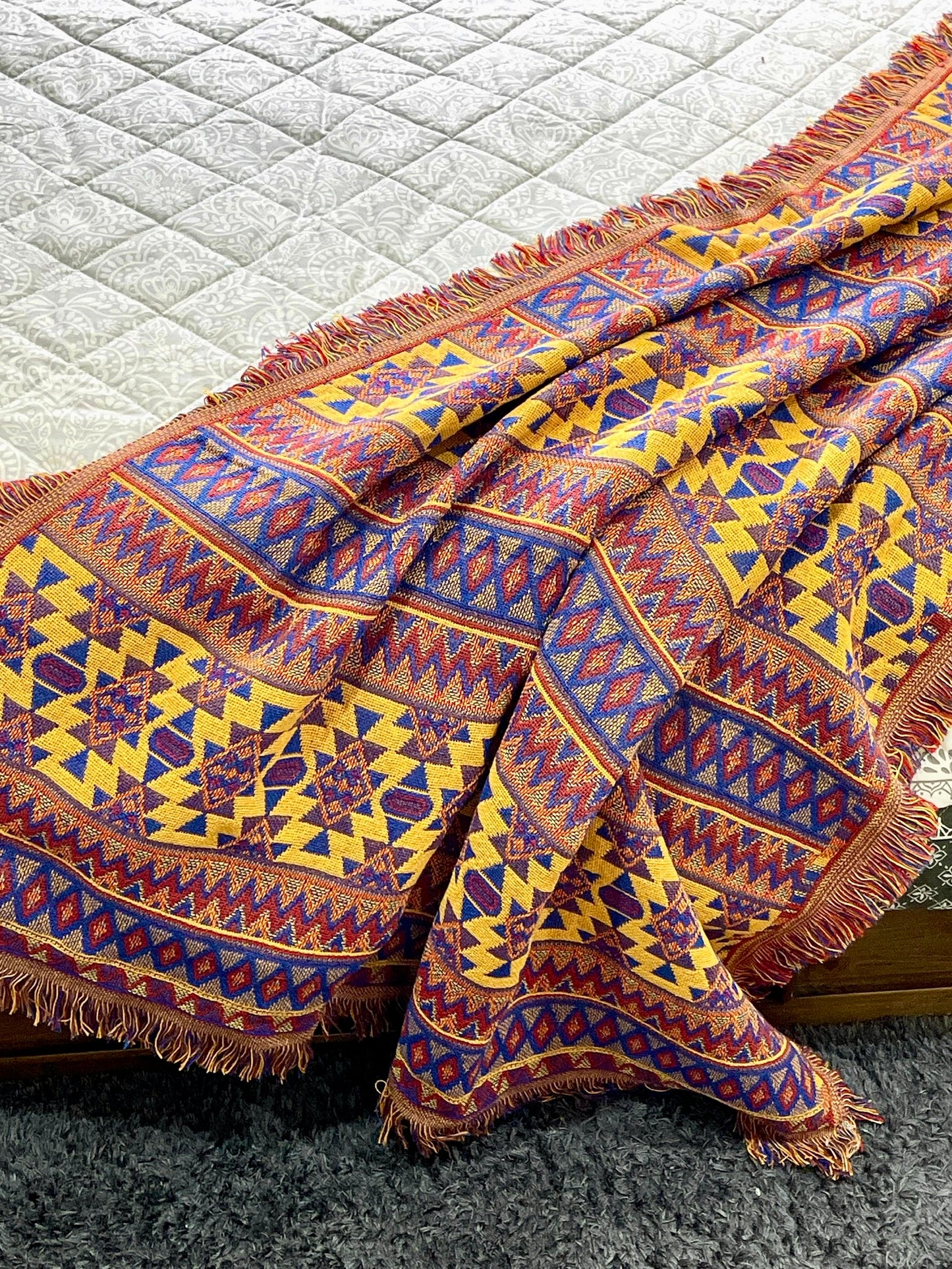 Bohemian Geometrical Kilim Multicolour Geometric Throw Bedspread