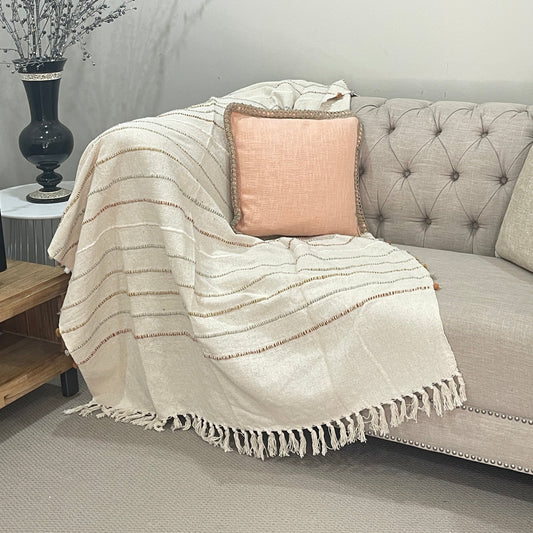 Bohemian Beige Stripe Cotton Wool Bedding Tufted Throw Blanket - Adore India   