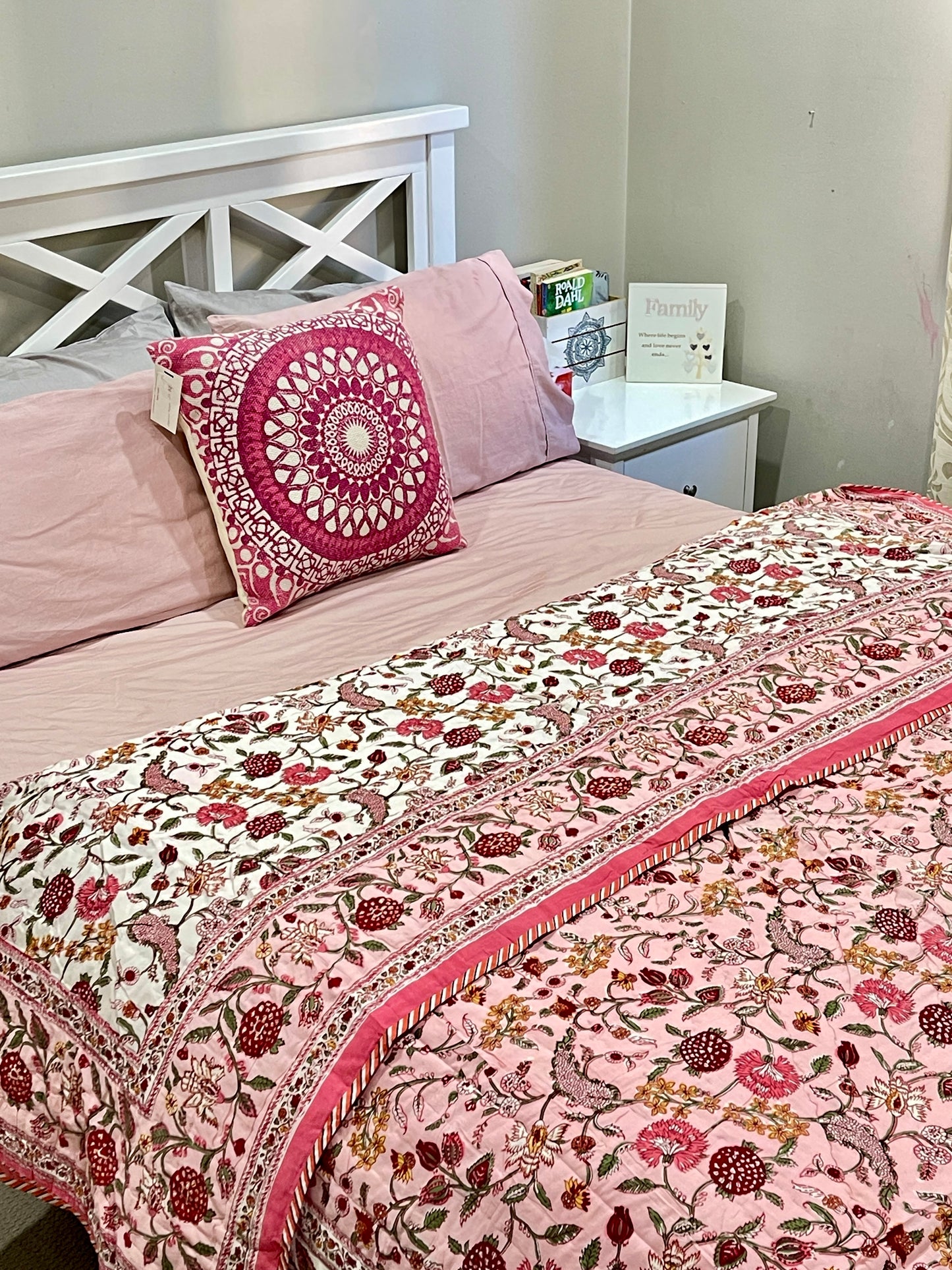 Fruity Pink Floral Cotton Padded Kantha Bedspread Quilt Comforter - Adore India   